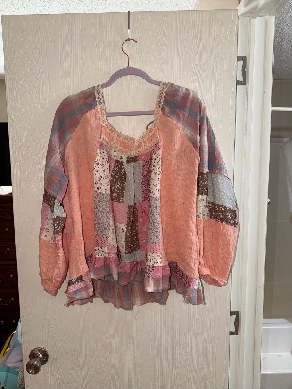 POL Pink Patchwork Peasant Top